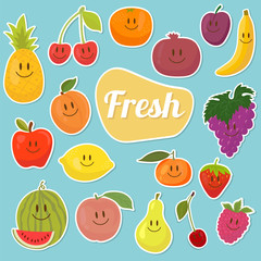 Set of  fruits stickers. Cartoon fruits. Fresh and juicy