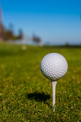 Golf ball sits on a wooden tee