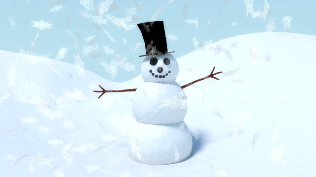 Snowman happy waving animation with winter snowflakes falling