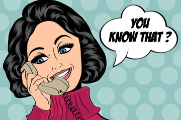 pop art cute retro woman in comics style talking on the phone
