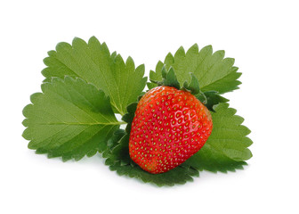 strawberry with green leaf isolated on white