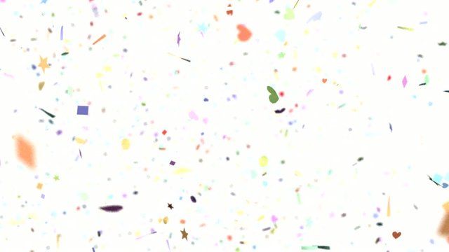 Confetti shapes falling away from camera slow motion DOF loop on
