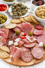 Assorted meat snacks, sausages and pickles, top view, close-up