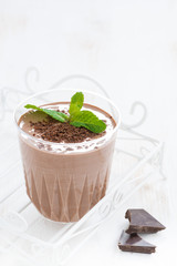 chocolate milkshake with mint in a glass on white background