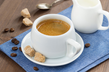cup of coffee with sugar and milk jug