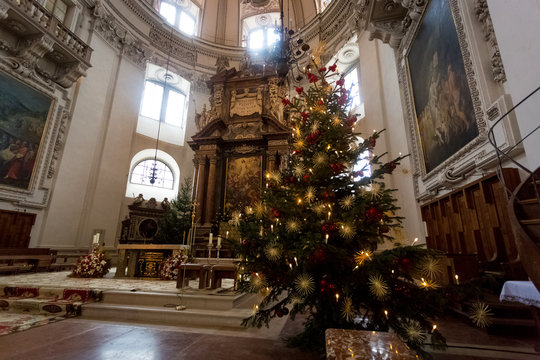 decorated Christmas tree at big Catholic cathedral at Salzburg