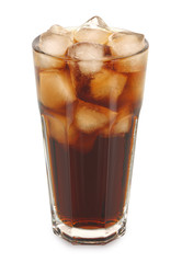 Tall glass of cold fizzy cola with ice cubes isolated on white background photo