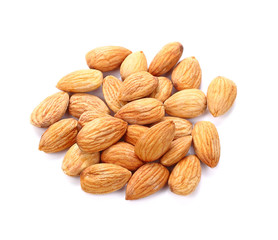 Heap of almond nuts isolated on white background