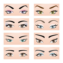 Set of female eyes and eyebrows. Vector illustration, eps10