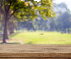 Naklejka na ściany i meble Empty wood table over blurred trees with bokeh background