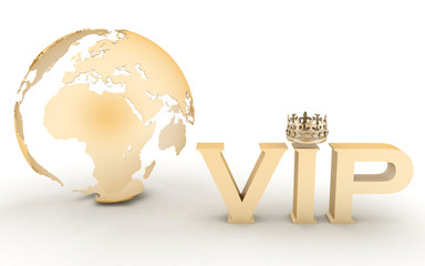 VIP abbreviation with a crown. 3D text on a globe background © 3ddock