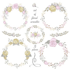 Set of 5 wreaths of flowering plants on a white background