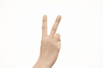 Hand showing peace victory sign against white background