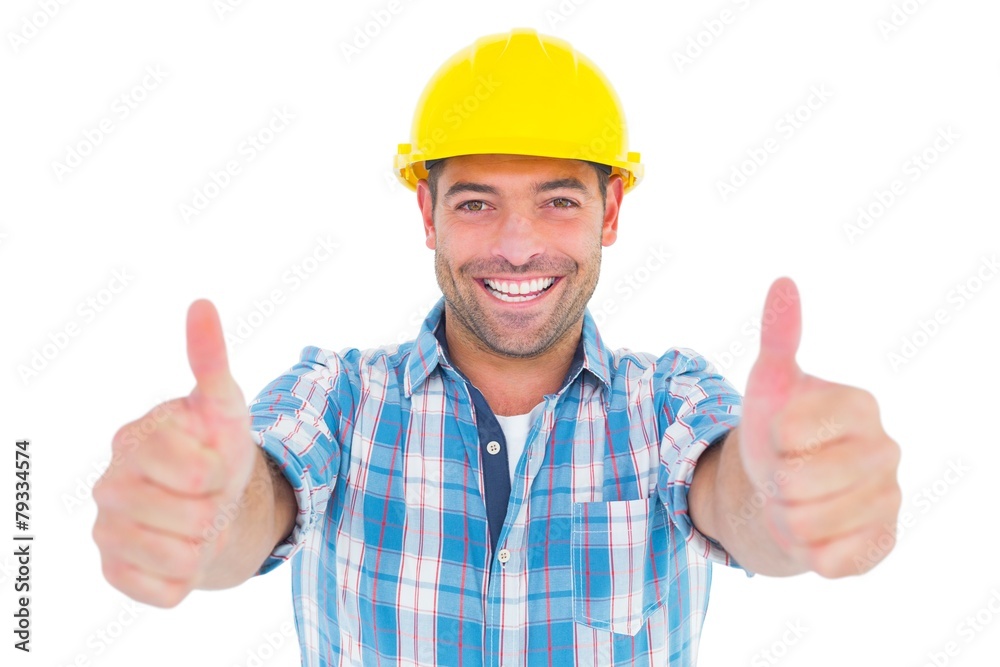 Poster smiling manual worker gesturing thumbs up