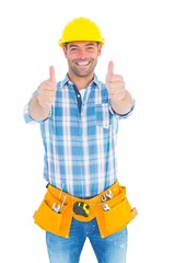 Happy repairman gesturing thumbs on white background