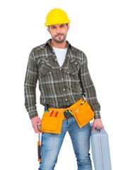 Repairman with hammer and toolbox