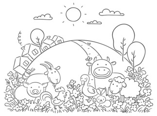 Farm animals and the green hill