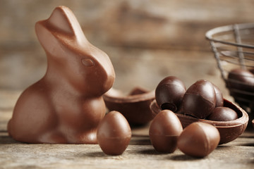Chocolate Easter Eggs on wooden background