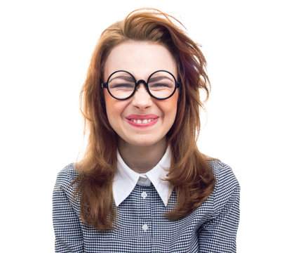 Funny geek or loony girl showing gritted teeth