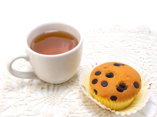 cupcake topping with chocolate ships and tea