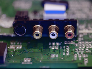 extreme closeup of a sound card inputs