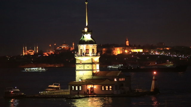 Maiden Tower at night Istanbul Turkey