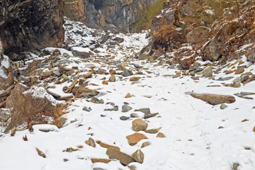 hiking road with snow in mountain