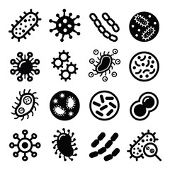 Bacteria, superbug, virus icons set - obrazy, fototapety, plakaty