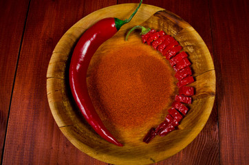 Two chili peppers and chili powder