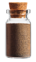 ground black pepper spice in a little bottle isolated on white b