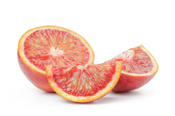 ripe blood red oranges sliced isolated on white