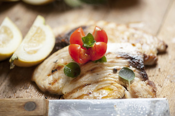 grilled sword fish steak slices