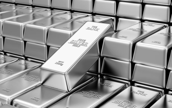 Stack of Silver Bars in the Bank Vault Abstract Background