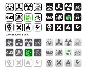 Set of icons for dangerous and hazardous product like radiations, poisons, toxic substances or fire and electricity