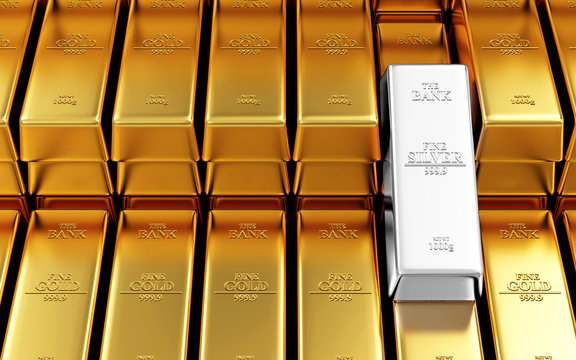 Stack of Golden and Silver Bars in the Bank Vault