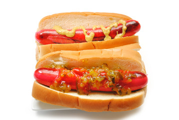 Hot Dogs with Relish and Mustard Over White