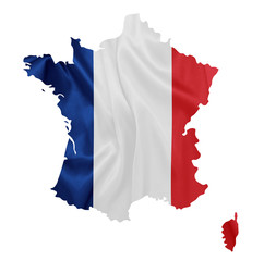 France - Waving national flag on map contour with silk texture