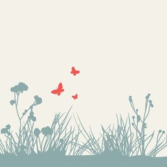 silhouettes of butterflies and plants on a white background
