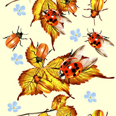 Obraz na płótnie Canvas Beautiful seamless pattern with foliage and beetles