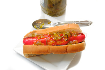 Sweet Pickled Relish Served on a Hot Dog