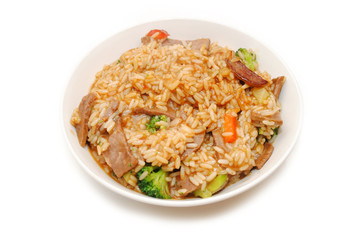 A white Bowl with Rice and Beef