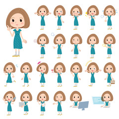 ボブ緑ワンピース女性／同じシリーズはtoyotoyoポートフォリオ内から「親しみ　デフォルメ」と検索してください