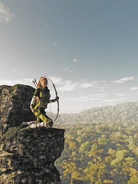 Blonde Female Elf Archer Keeping Guard Above the Forest
