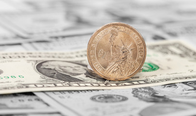 American dollars coin and banknotes close up