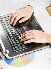 Closeup of woman hands using a laptop with financial statistics