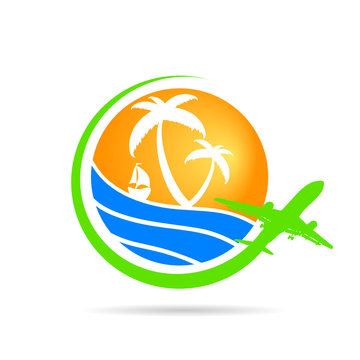 palm with sea with airplane icon color vector