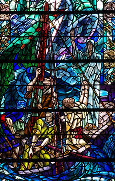 Jesus Christ calming the storm (stained glass)