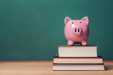 Fototapeta Piggy bank on top of books with chalkboard obraz