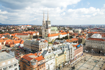 Jelacic square and catholic cathedral in Zagreb, Croatia