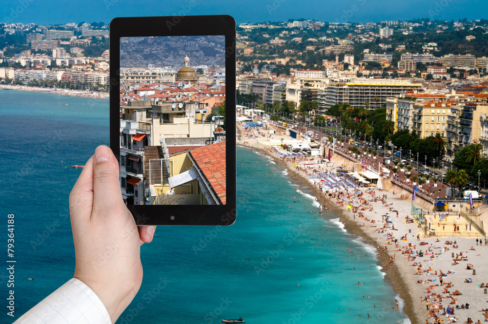 Sticker tourist taking photo of Nice city on Azure coast